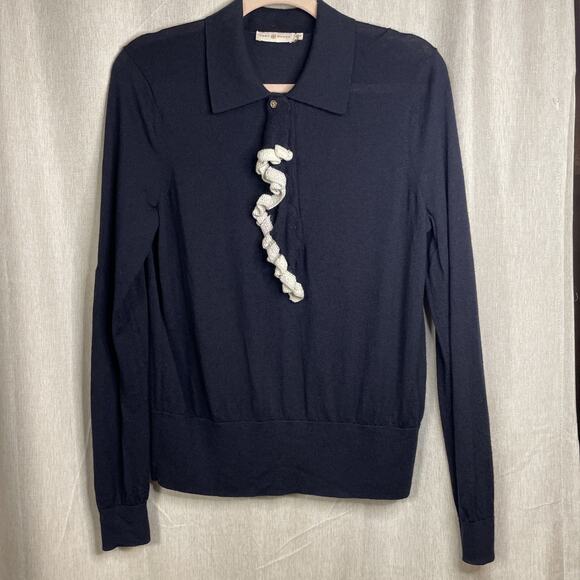 Tory Burch Size M - Merino Wool Sweater - Navy W/Ruffle - Long Sleeve *Flaw* - Picture 1 of 5